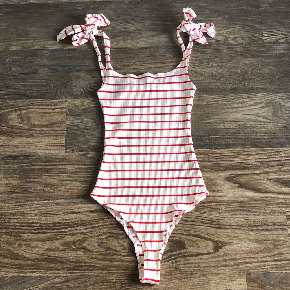 Reformation Jeans Ribbed Tie Strap Bodysuit White Red Stripe Jersey XS